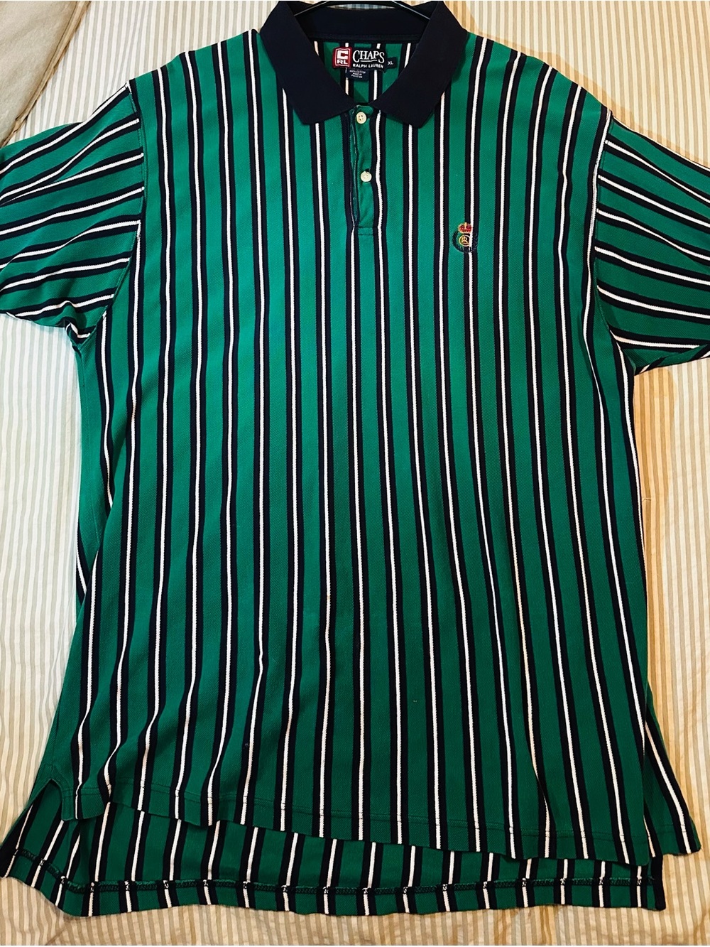 RALPH LAUREN CHAPS GREEN WHITE BLACK STRIPED SHORT SLEEVE POLO SHIRT SZ XL Tall